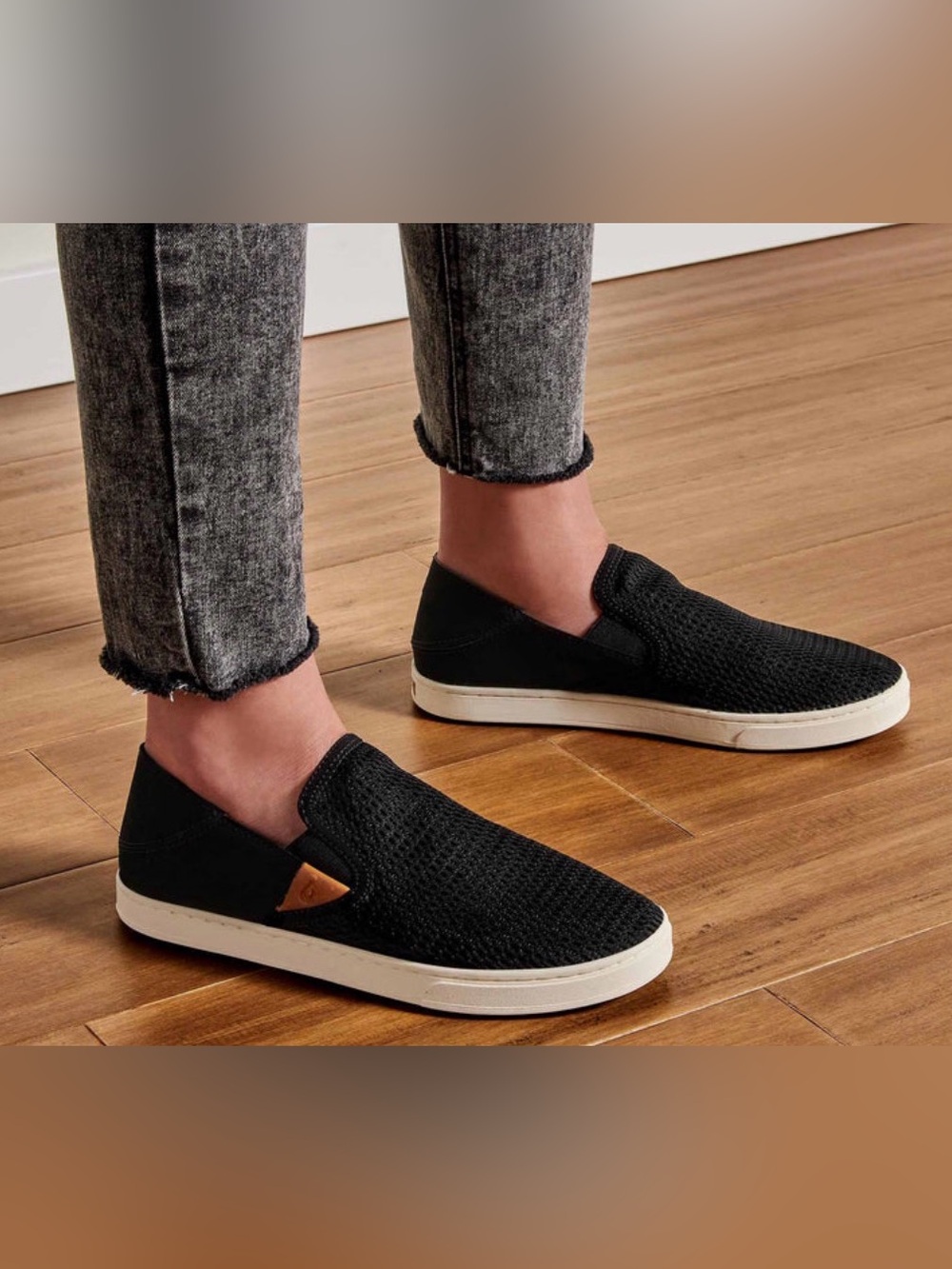 OluKai Women's Black Slip-On Knit Loafers with White Sole